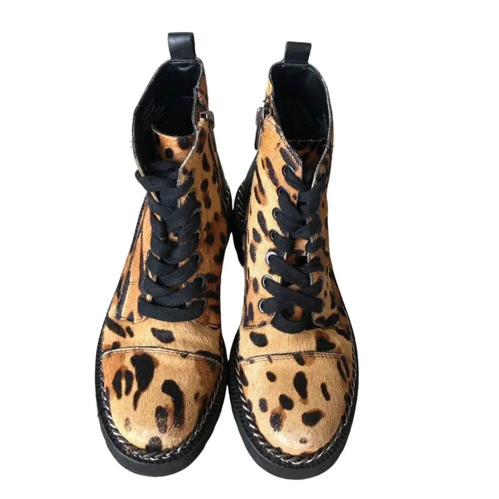 Vince Camuto Mindinta Cowhair and Leather Leopard Print Combat Ankle Boots 5.5‎